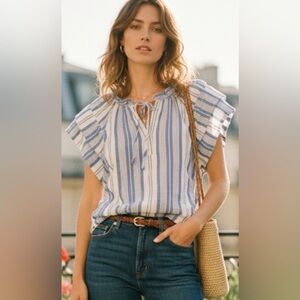 Honorine $240 Cosette Top in White/Blue. Size S. 100% cotton quiet luxury.